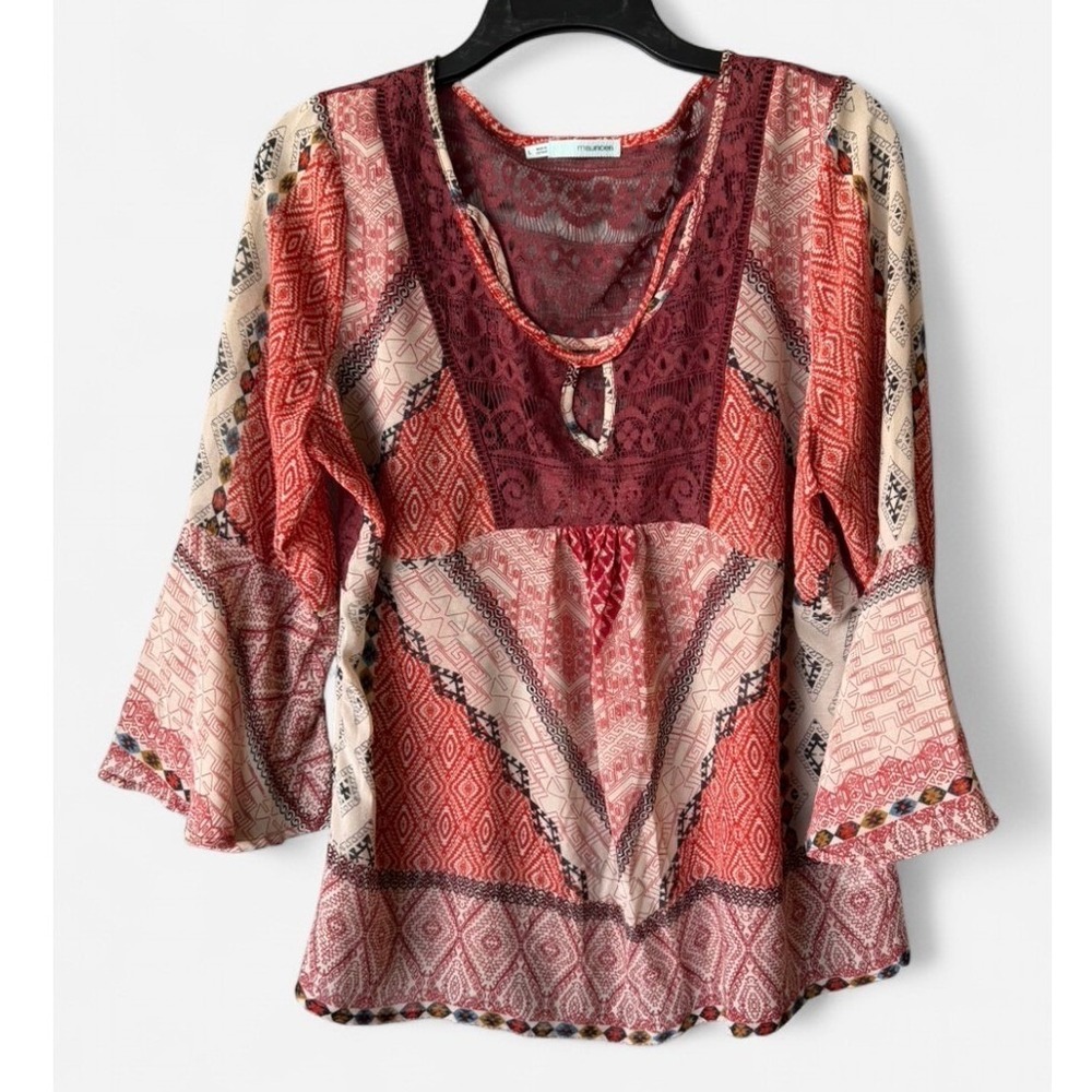 Maurices Blouse Red Geometric Lace‎ Festival Boho Gypsy Hippie Bell Sleeve Large